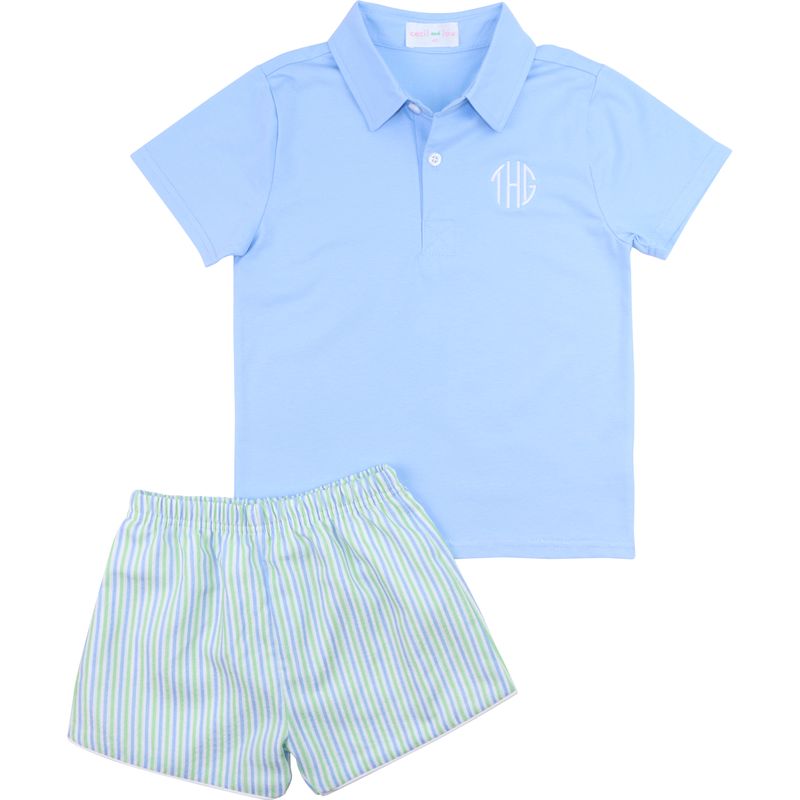 Blue And Green Seersucker Polo Short Set