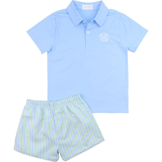 Blue And Green Seersucker Polo Short Set