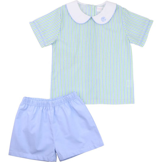 Blue And Green Seersucker Short Set