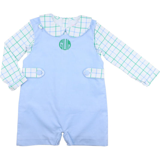 Blue And Green Windowpane Corduroy Short Romper Set