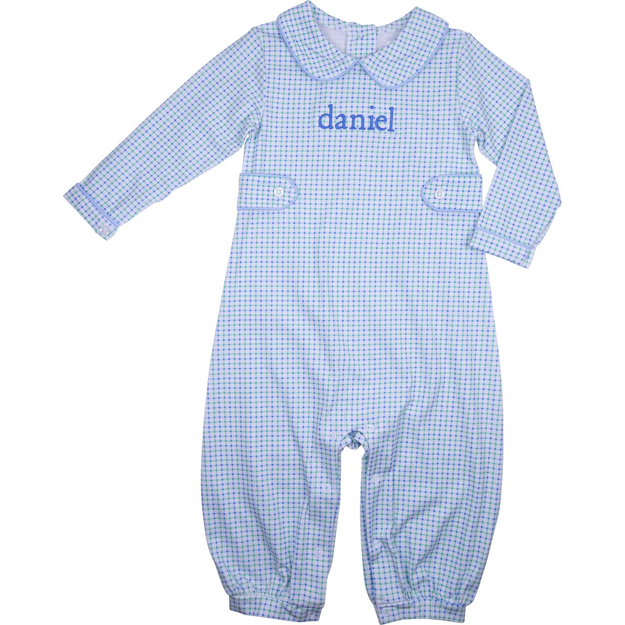Blue And Green Windowpane Knit Long Romper