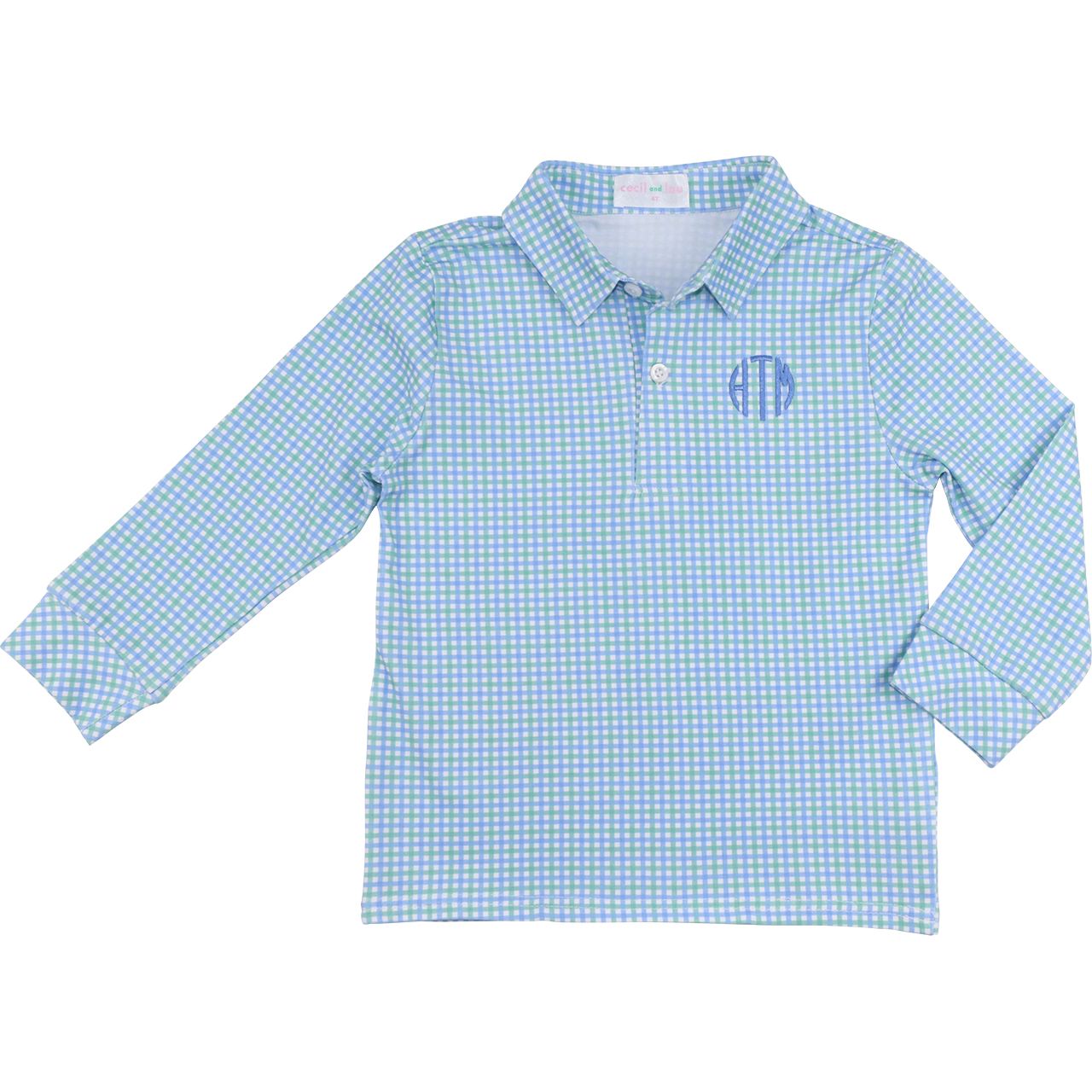 Blue And Green Windowpane Knit Polo Shirt