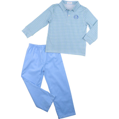 Blue And Green Windowpane Polo Pant Set