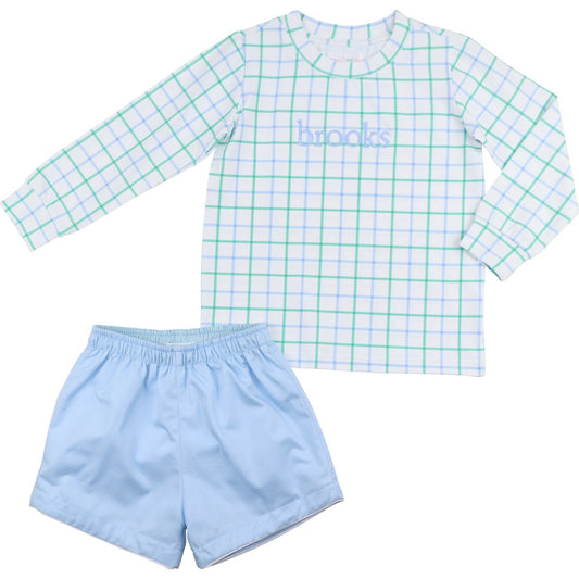 Blue And Green Windowpane Short Set