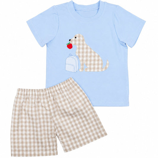 Blue And Khaki Applique Dog And Apple Short Set1