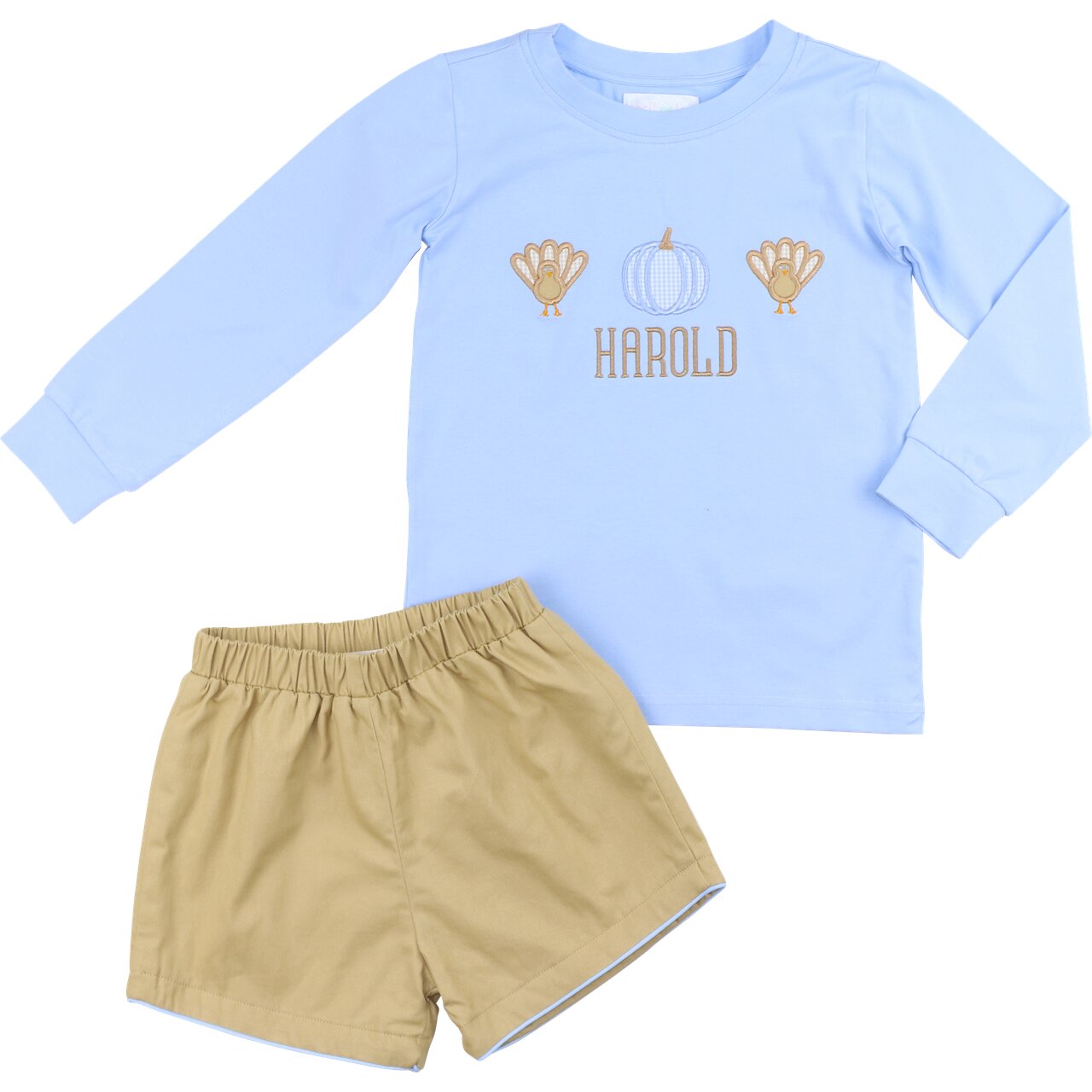 Blue And Khaki Applique Turkey And Pumpkin Short Set