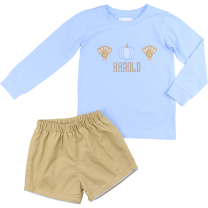 Blue And Khaki Applique Turkey And Pumpkin Short Set