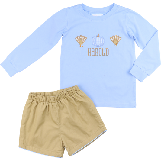 Blue And Khaki Applique Turkey And Pumpkin Short Set