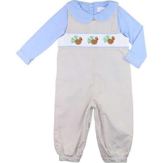 Blue And Khaki Gingham Smocked Long Romper Set