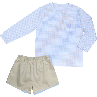 Blue And Khaki Knit Short Set