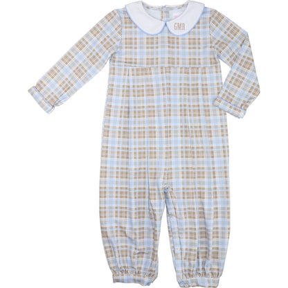 Blue And Khaki Plaid Knit Long Romper