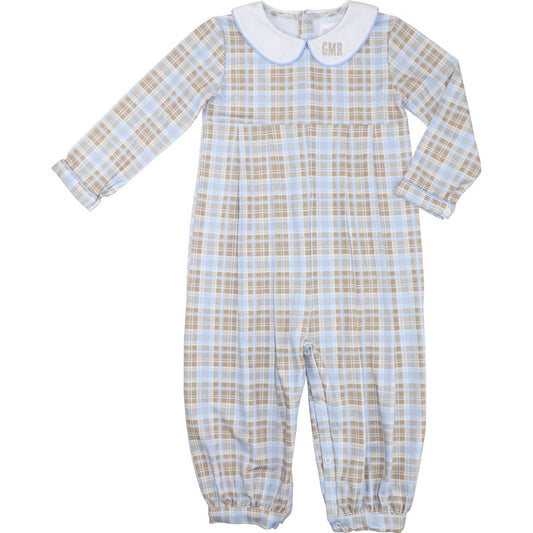 Blue And Khaki Plaid Knit Long Romper
