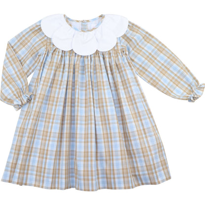 Blue And Khaki Plaid Petal Collar Dress