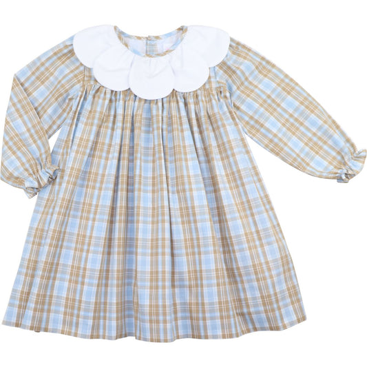 Blue And Khaki Plaid Petal Collar Dress