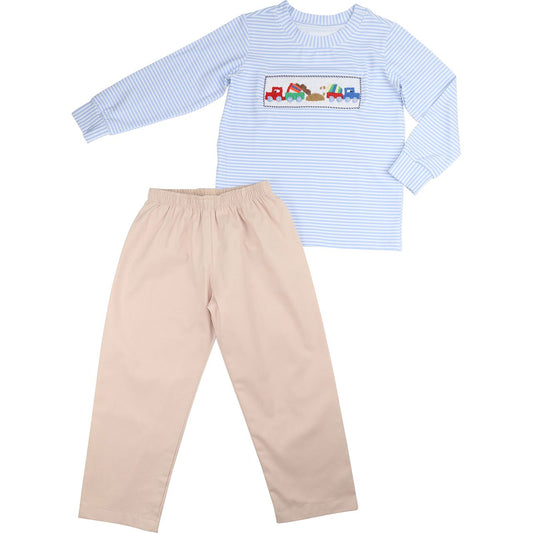 Blue And Khaki Smocked Diggers Pant Set