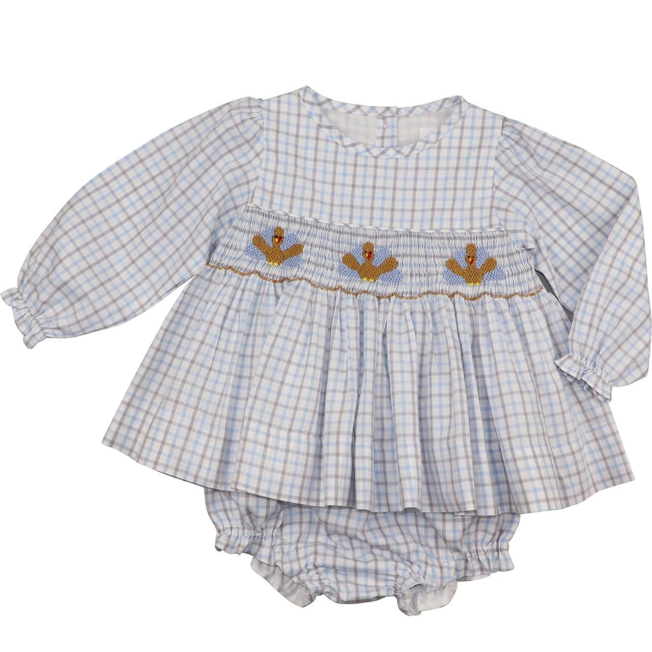 Blue And Khaki Smocked Turkeys Diaper Set