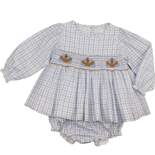 Blue And Khaki Smocked Turkeys Diaper Set