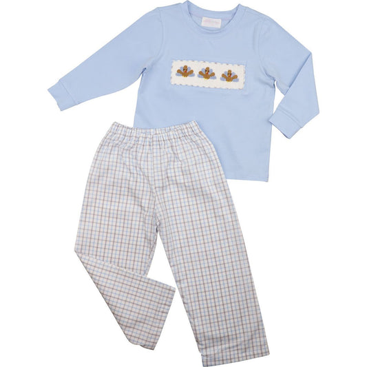 Blue And Khaki Smocked Turkeys Pant Set