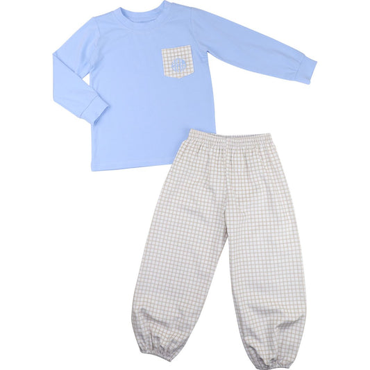 Blue And Khaki Windowpane Ankle Pant Set