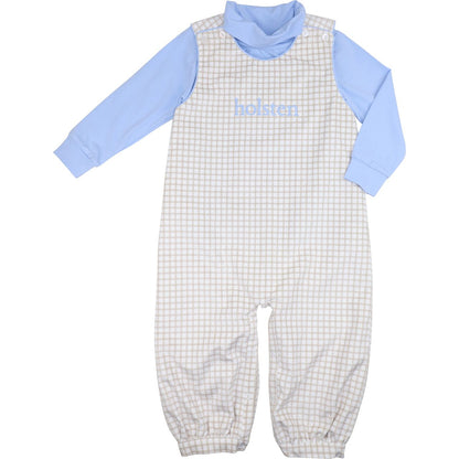 Blue And Khaki Windowpane Long Romper Set