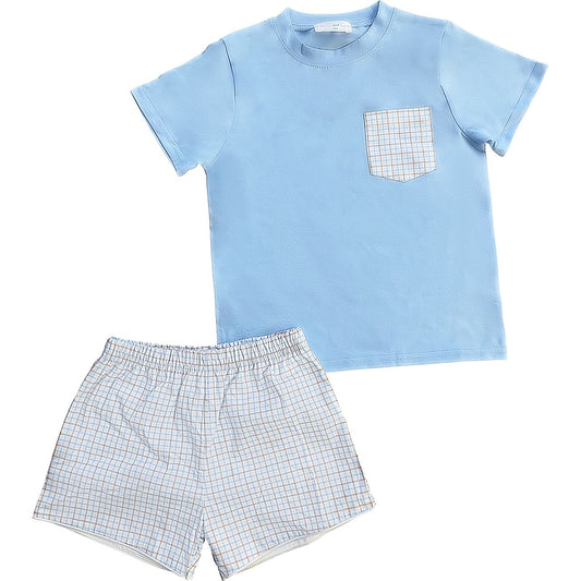 Blue And Khaki Windowpane Pocket Short Set