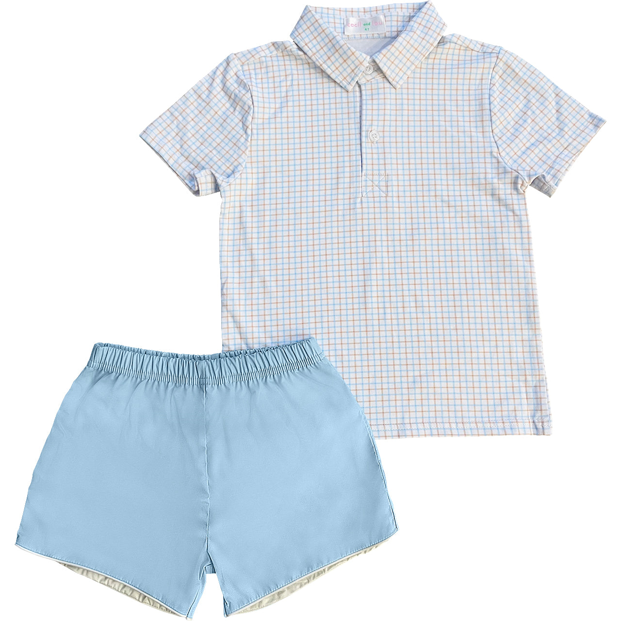 Blue And Khaki Windowpane Polo Short Set