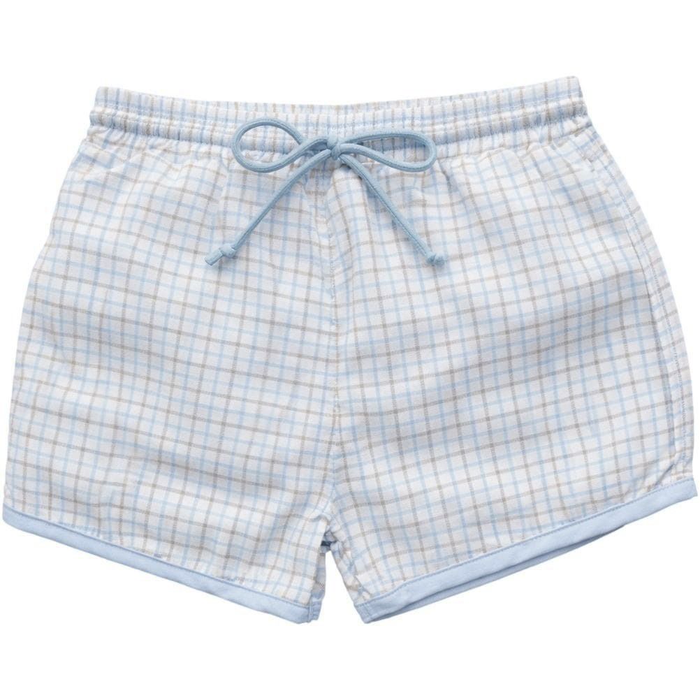 Blue And Khaki Windowpane Swim Trunks