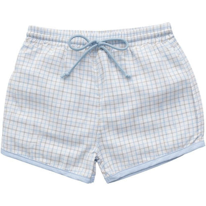 Blue And Khaki Windowpane Swim Trunks