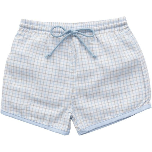 Blue And Khaki Windowpane Swim Trunks