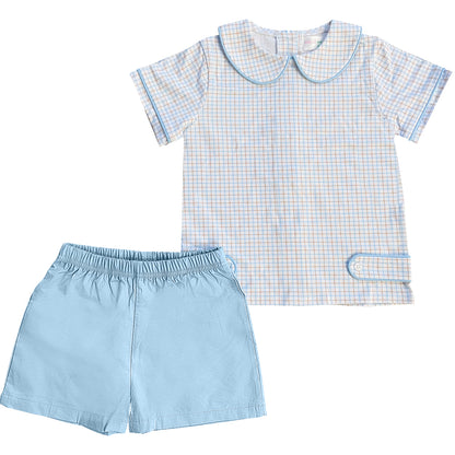Blue And Khaki Windowpane Tab Short Set