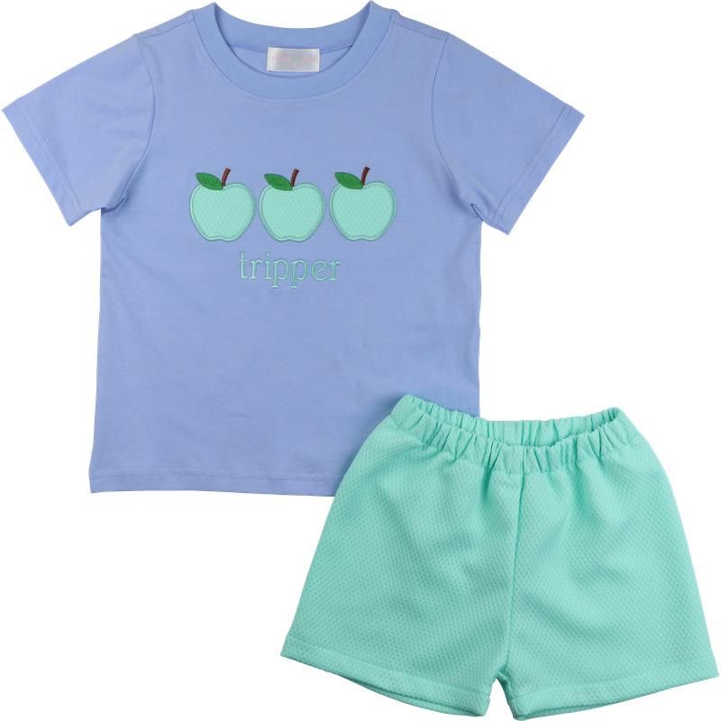 Blue And Mint Honeycomb Applique Apple Short Set