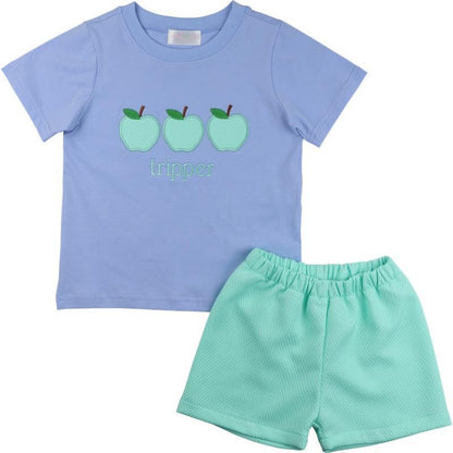 Blue And Mint Honeycomb Applique Apple Short Set