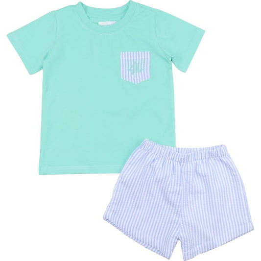 Blue And Mint Seersucker Pocket Short Set