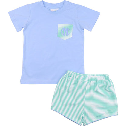 Blue And Mint Stripe Knit Short Set