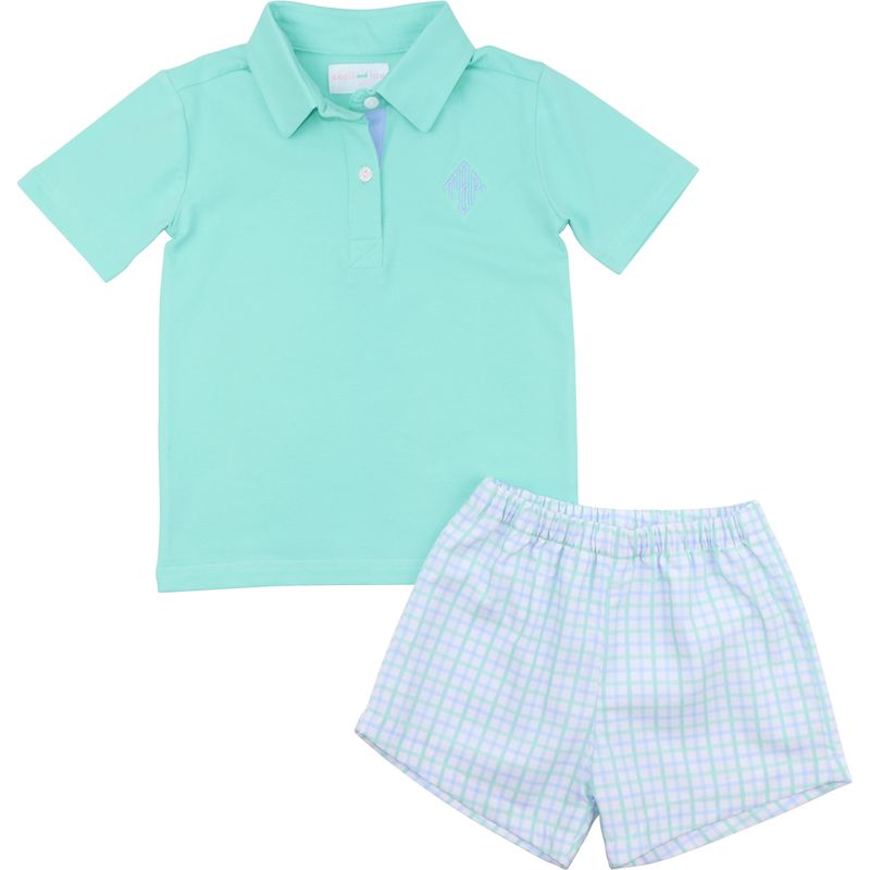 Blue And Mint Windowpane Polo Short Set