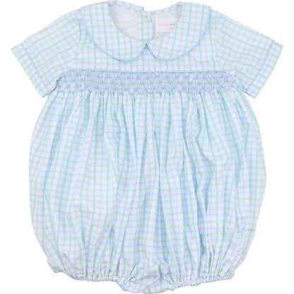 Blue And Mint Windowpane Smocked Bubble