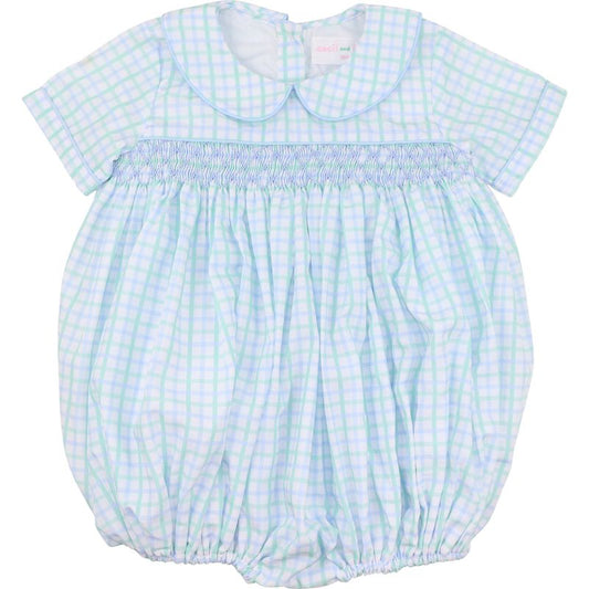Blue And Mint Windowpane Smocked Bubble