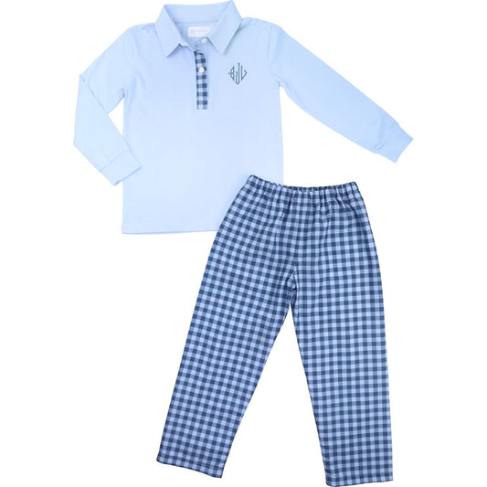 Blue And Navy Check Polo Pant Set