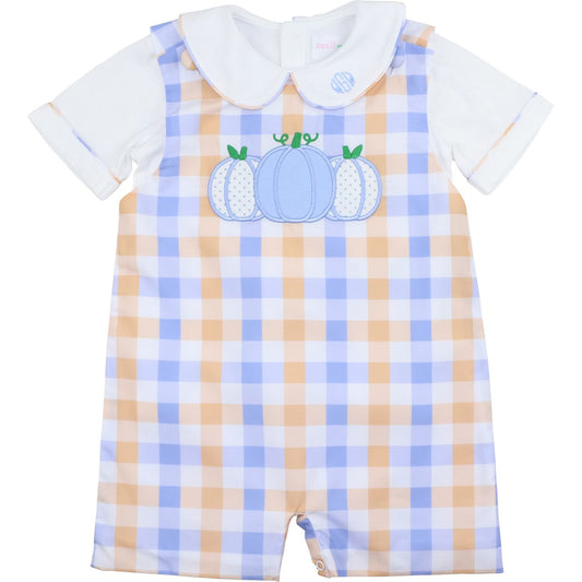 Boy Jon Jon with checkered pattern and pumpkin design on a white background