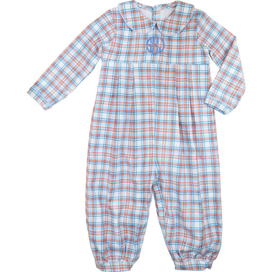 Blue And Orange Corduroy Plaid Long Romper