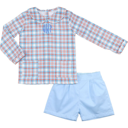 Blue And Orange Corduroy Plaid Short Set