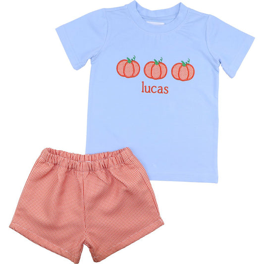 Blue And Orange Gingham Applique Pumpkin Short Set