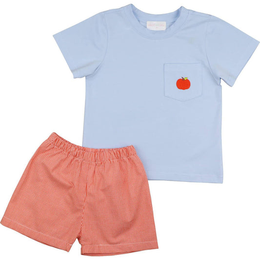 Blue and orange gingham pumpkin short set