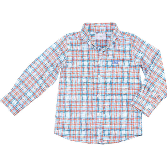Blue And Orange Plaid Corduroy Button Down Shirt
