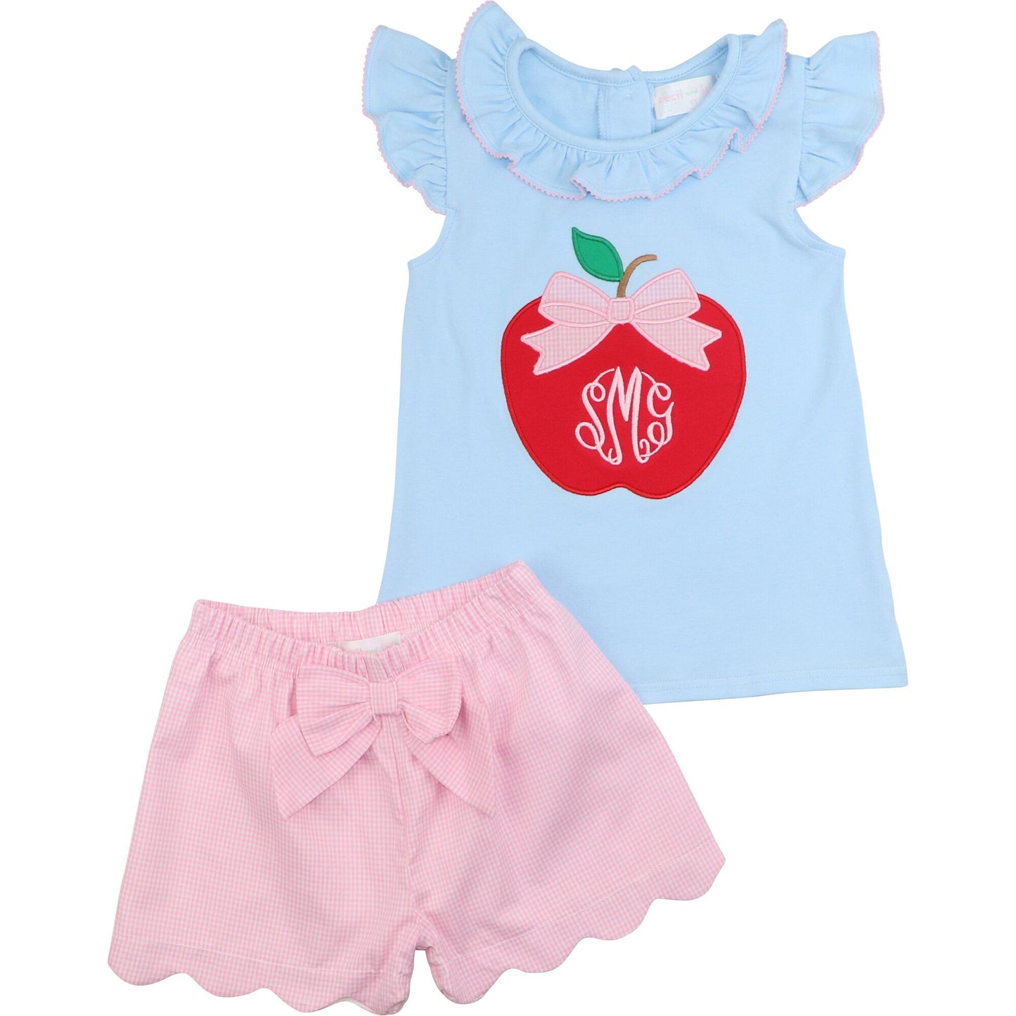 Blue And Pink Gingham Applique Apple Short Set