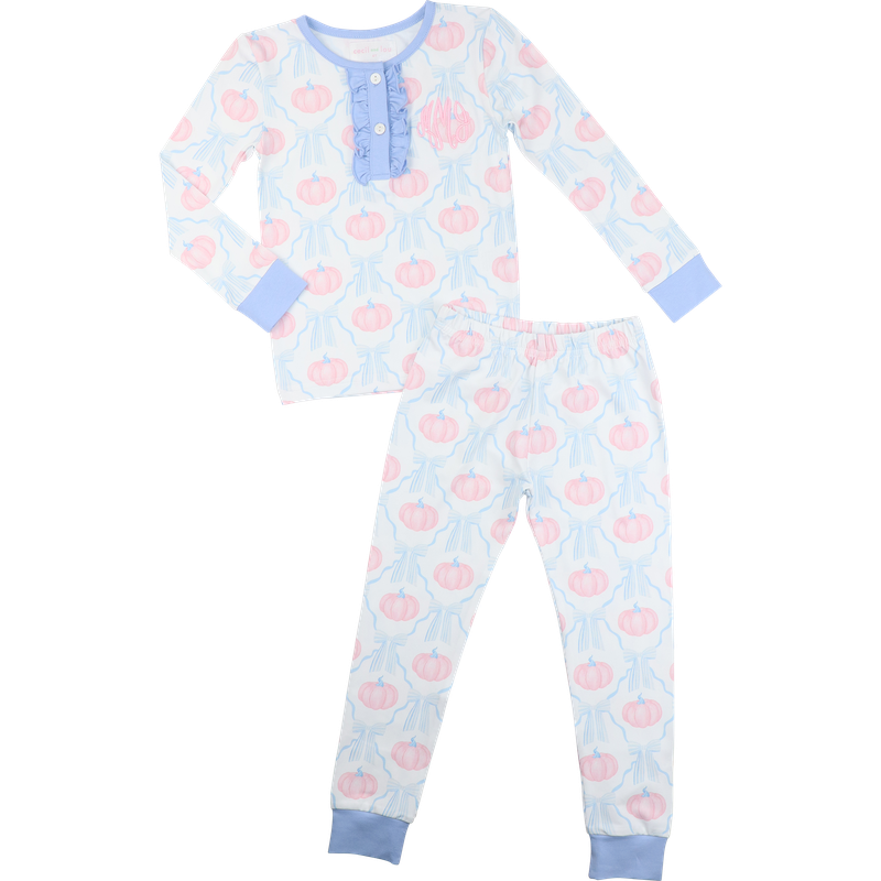 Blue and pink knit pumpkin and bow pajamas
