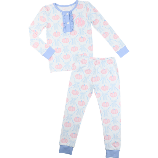 Girl pajama set with pink pumpkin pattern 