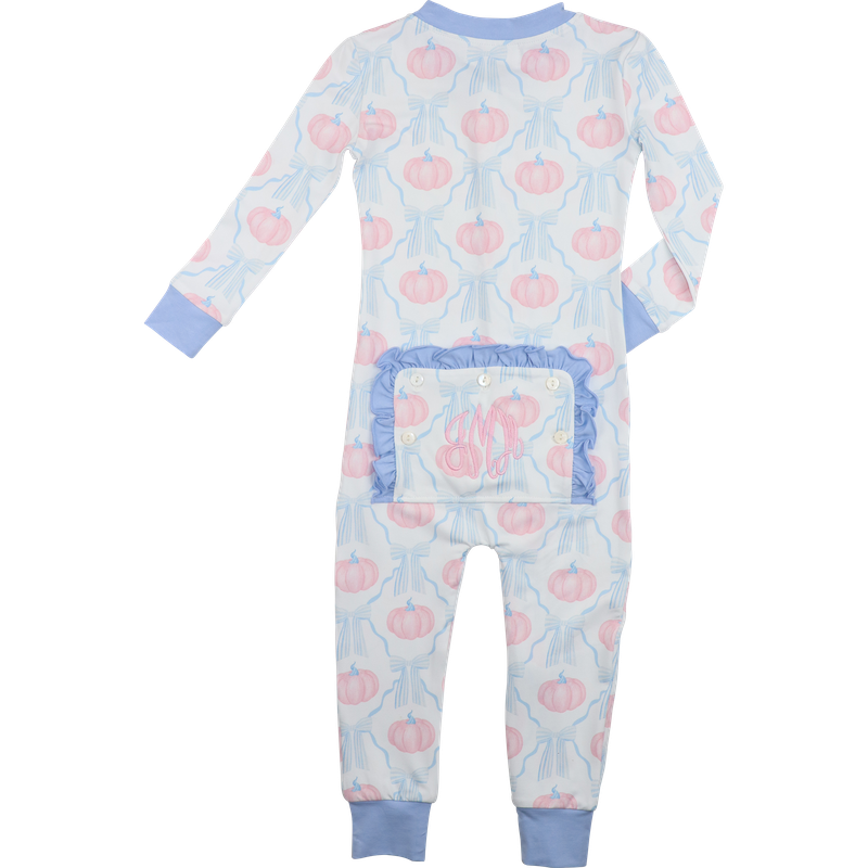 Blue and pink knit pumpkin and bow zipper pajamas