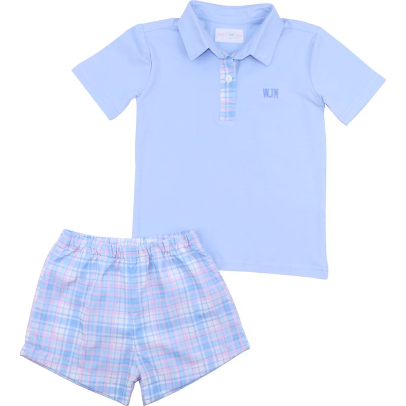 Blue And Pink Plaid Polo Short Set