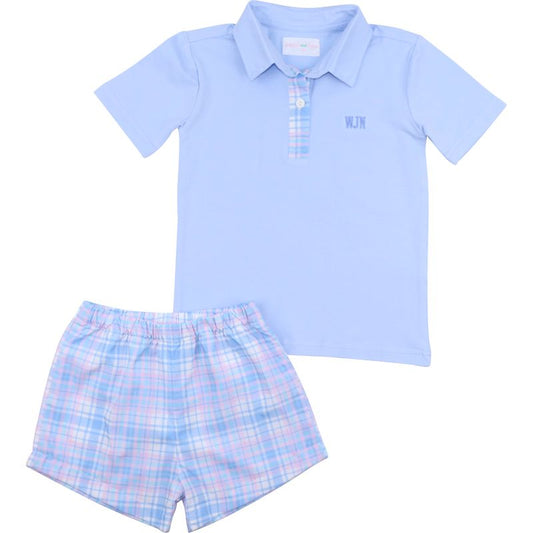 Blue And Pink Plaid Polo Short Set